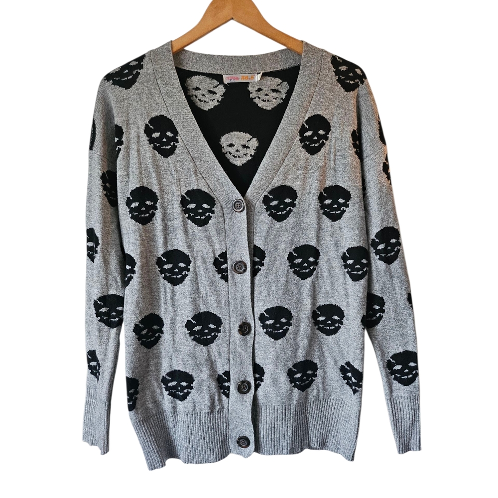 Womens Gray Black Skull Goth Punk Grunge V Neck Cotton Blend Cardigan, Size M/L